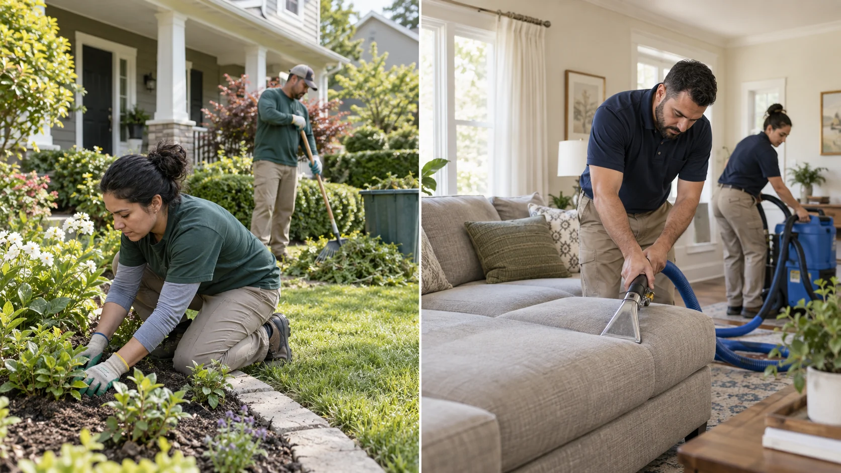 Illustrative scenes of landscaping and upholstery cleaning crews at work